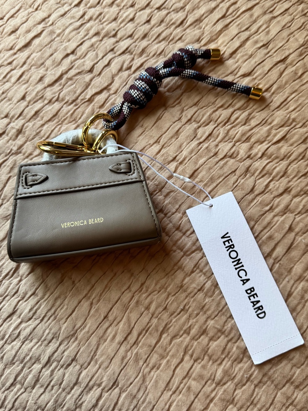 NWT Veronica Beard Dash Bag Charm, Bark Multi, OS, Gold Hardware, Taupe